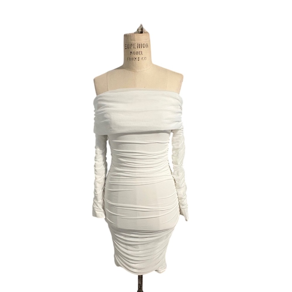 White Off Shoulder Sz S Bodycon Mini Dress Mesh Party Going Out Bachelorette